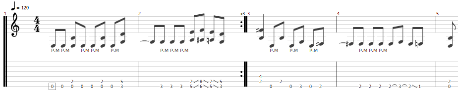 Em riff motif, repeated three times with a turnaround at the end.